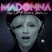 Madonna's face with her mouth a little open as if she is saying something. Above her the name the word "The Confessions Tour" appear.