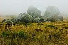 Large rocks rising from coastal sand