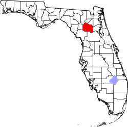 A state map highlighting Alachua County in the corner part of the state. It is medium in size.