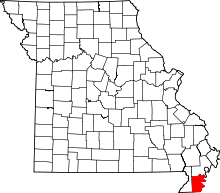 Map of Missouri highlighting Pemiscot County