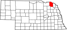 Map of Nebraska highlighting Cedar County