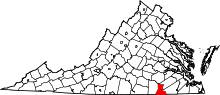 Map of Virginia highlighting Greensville County