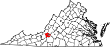 Map of Virginia highlighting Roanoke County