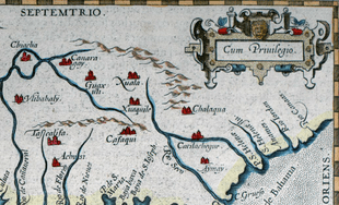 A portion of a 1584 colored map showing the location of various Native American chiefdoms in the Spanish territory of la Florida, covering most of the United States' southeast.