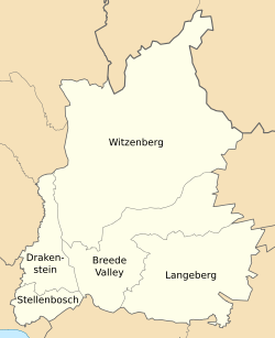 Going clockwise from the southwest corner, the Cape Winelands District municipality is made up of the Stellenbosch, Drakenstein, Breede Valley, and Langeberg Local Municipalities. Along its eastern border is a District Management Area.