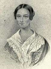 black and white reproduction of watercolour drawing of young woman, facing the spectator, hair parted at centre, shawl over shoulders