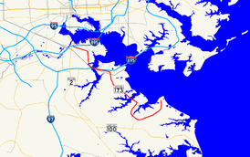 A map of the Baltimore area showing major roads.  Maryland Route 173 connects Fort Smallwood Park in Anne Arundel County with the Brooklyn neighborhood of Baltimore.