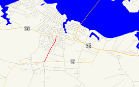 A map of Cambridge, Maryland showing major roads.  Maryland Route 341 runs from MD 16 to MD 343.