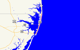 A map of northeastern Worcester County showing major roads.  Maryland Route 528 runs from the southern end of Ocean City north to the Delaware state line.