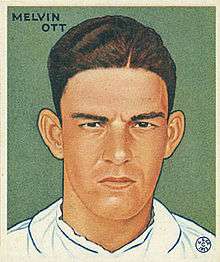 An unsmiling, dark-haired man with large ears; above his head, it reads "Melvin Ott"