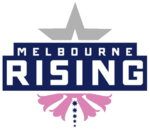 A central banner with the name "Melbourne Rising" on two lines in white capitals on a navy blue background. Above and behind the banner is the top half of a large rising star, outlined in grey; and below the banner, four Pink Heath flowers arranged in profile and a line of five stars in navy blue.