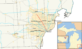 M-1 and Woodward Avenue runs north-northwesterly away from the Detroit River between Detroit and Pontiac in southeastern Michigan