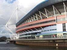 Exterior view of a stadium from across a river