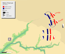 Day 3, Phase 1. showing Byzantine left wing and center pushing back respective Muslim divisions.