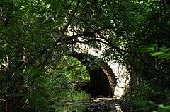 A water-level photograph of the Samson Occom Bridge, largely obscured by trees.