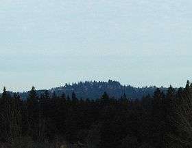  A rounded hill rises in the distance above a dark evergreen forest. The hill is forested too, but buildings are visible through the trees.