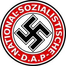 Nazi Party logo, with black swastika surrounded by white lettering on red ring