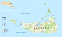 A map of the island of Nantucket pointing out various landmarks and geographic features.