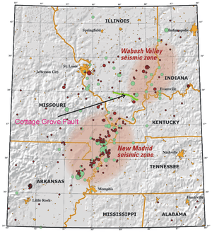 Jutting off the Wabash Valley seismic zone on the Illinois–Indiana border is the Cottage Grove Fault. To the south, on the edge of Missouri, is the New Madrid seismic zone.