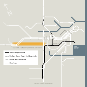 New South Wales metropolitan rail area, with Western Sydney Freight Line highlighted