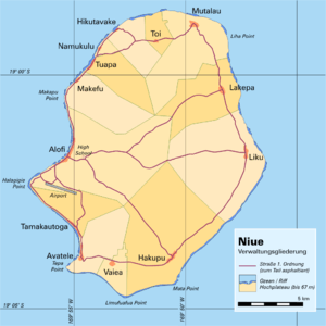 Location of Alofi. Also shows the 14 different villages.