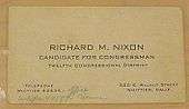 Business card for Richard Nixon as a congressional candidate, showing an address and phone numbers in Whittier