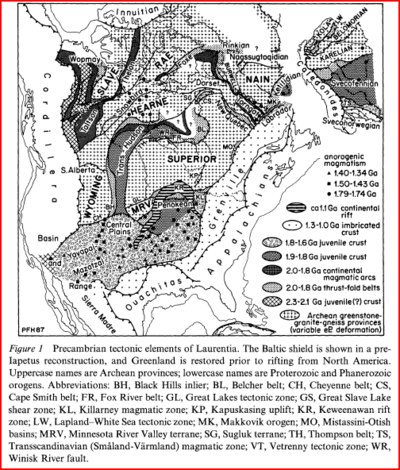 This is a North American map showing Archean provinces and Proterozoic and Phanerozoic orogenies.