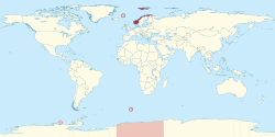 Location of the Kingdom of Norway and its integral overseas areas and dependencies: Svalbard, Jan Mayen, Bouvet Island, Peter I Island and Queen Maud Land