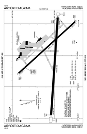 A map with a grid overlay showing the terminals runways and other structures of the airport.