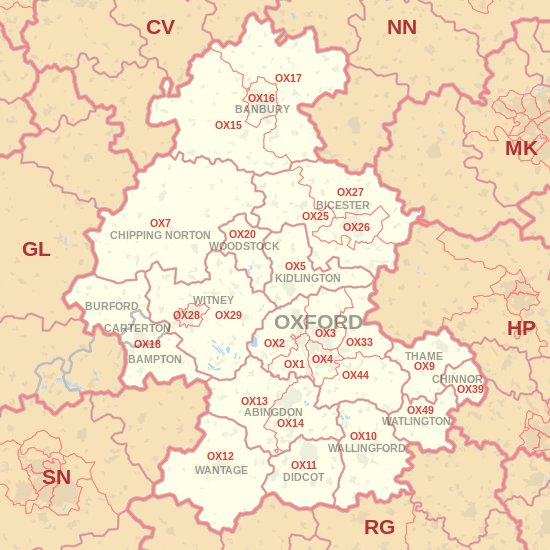 OX postcode area map, showing postcode districts, post towns and neighbouring postcode areas.