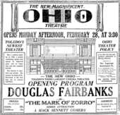 Ad for opening night at the Ohio Theatre.