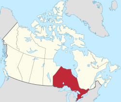 Map of Canada with Ontario highlighted in red