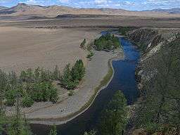 River running through a desert landscape. There are some trees near the river.