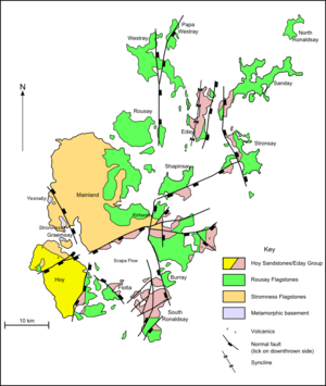 A map of the geology of Orkney. Hoy to the south west is predominantly formed from Hoy/Eday Sandstones. The Mainland at centre is largely Stromness flagstones with Rousay flagstones to the east. The smaller North and South Isles are a mixture of Eday and Rousay sandstones.