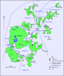  A map of the Orkney archipelago showing main transport routes. A small island with a high elevation is at south west. At centre is the largest island, which also has low hills. Ferry routes spread out from there to the smaller islands in the north.