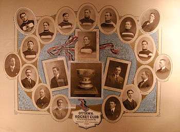  A montage of photographs of the hockey players and team executives surrounding a photograph of the Stanley Cup trophy, with a caption below of "Ottawa Hockey Club, Champions and Stanley Cup holders 1909"