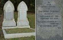 Two granite headstones, shaped as pointed arches, on a single family grave