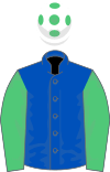 Royal blue, emerald green sleeves, white cap, emerald green spots