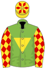 Light green, yellow inverted triangle, yellow sleeves, red diamonds, yellow cap, red diamonds