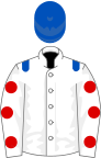 white, royal blue epaulets, white sleeves, red spots, royal blue cap