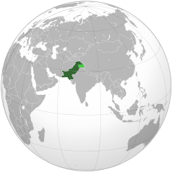 Area controlled by Pakistan shown in dark green; claimed but uncontrolled region shown in light green.