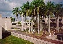 A grid of palm trees arranged in a tiled courtyard stands to the right of a dormitory building.