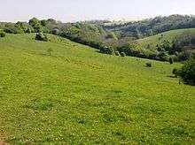 Green fields and a path on Danks Down North of Ford. A footpath (part of the Macmillan Way) leaves the Castle Combe Road to follow the right flank of Danks Down towards Long Dean. The path runs along the left-hand side of this picture, with the By Brook in the valley to the right and Long Dean hamlet in the wooded area in the middle distance.