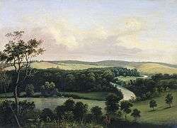 Painting of rolling hills, a river, and trees