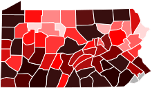 A heat map of Pennsylvania denoting farm density by county.