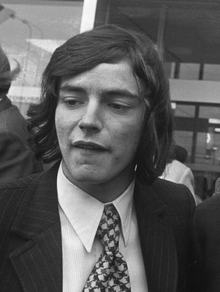 A black-and-white photograph of Peter Marinello, who was an Arsenal player for three years.