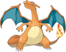 A bidepal orange firstly dragon with a cream underbelly stands facing the viewer. Its wing membranes are colored blue and it has a small fire on the tip of its tail. Its head is turned to the left and it is looking up toward the sky.