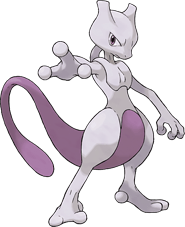 A large white and purple creature standing upright with its right arm outstretched towards the viewer. It has a feline-shaped head, long purple tail and stomach, enlarged thighs, three fingers, and two toes.