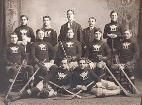 Black and white image twelve men posing for a photo. They are arranged in three rows, five men in the back and middle row, two in the front. The back row is standing, the middle row sitting, and the front row lying on their side towards each other. Ten of the men are wearing a dark wool sweater with an overlaping "P" and "L" with wings, each holding a hockey stick and wearing skates. The other two men are dressed in suits.