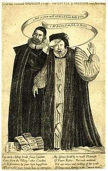 Etching of William Laud and Henry Burton. Laud is vomiting books.